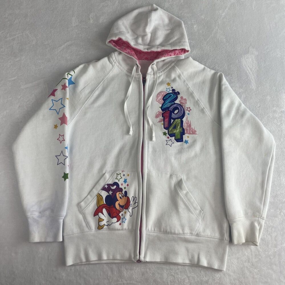 Disney 2014 Mickey Mouse Fantasia Zip Up Sweater Womens Medium Hooded Sweatshirt